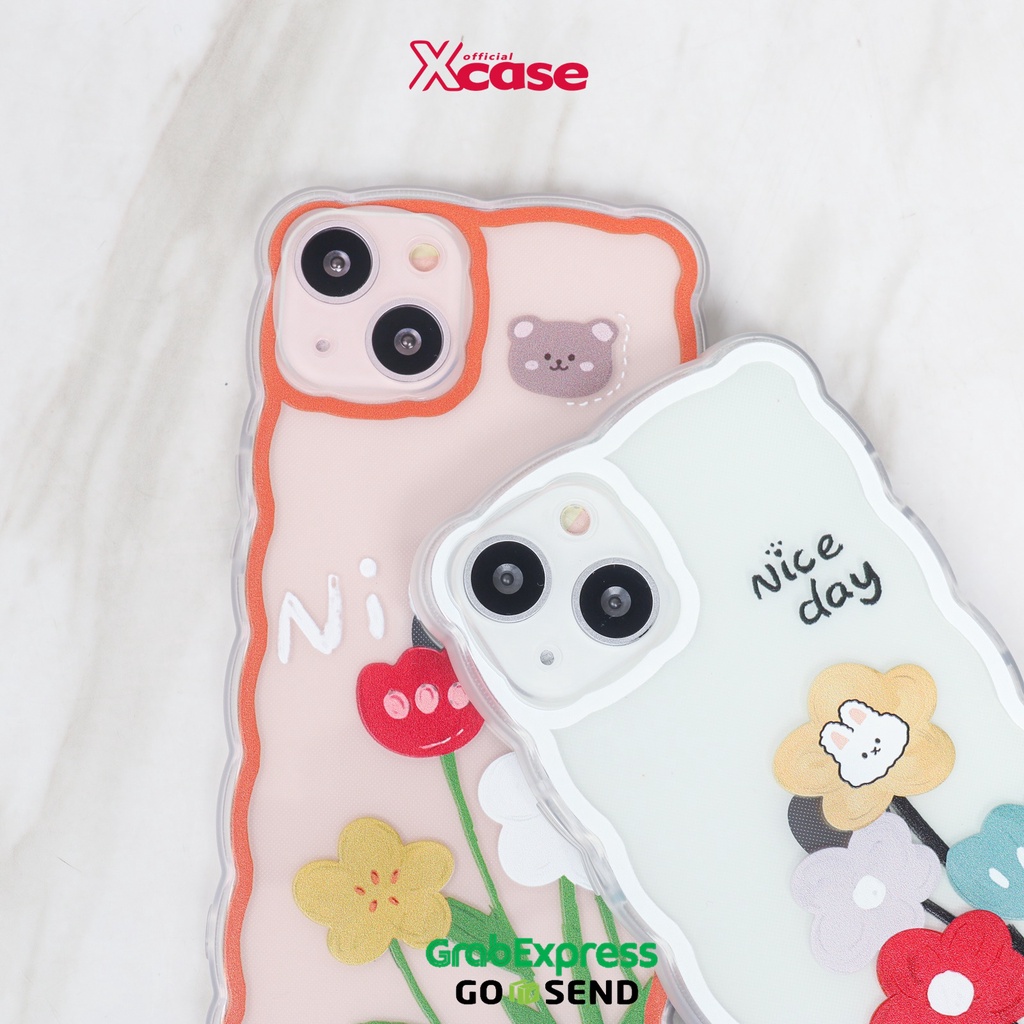 Clear Softcase Big Flowers Bear and Bunny Wavy Side Full Lens Cover For iPhone 7 8 SE XR XS MAX 11 12 13 MINI PRO MAX