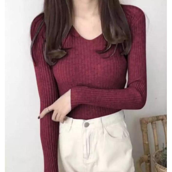 Sweater Rajut Wanita kerah V neck Korea lengan panjang Atasan Wanita Knit Premium Tebal