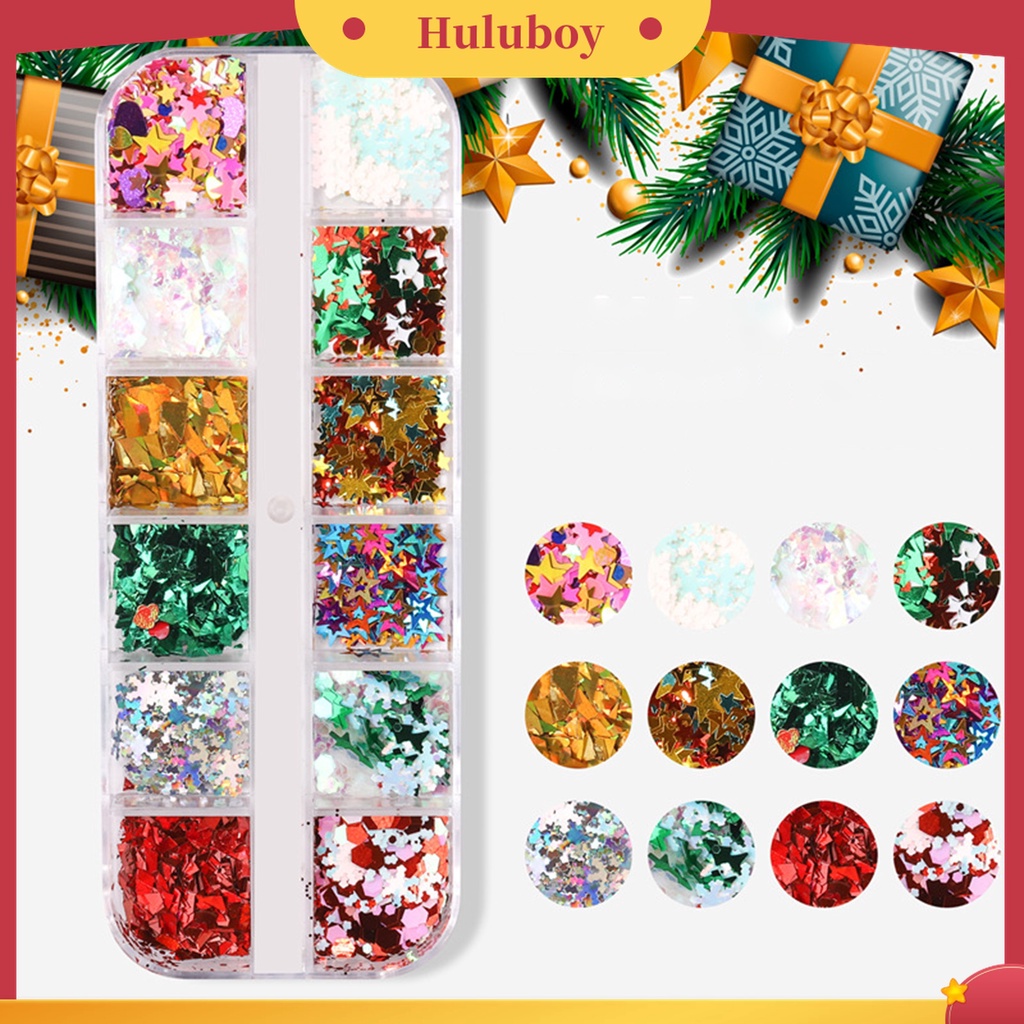 Huluboy Huluboy♡ 12 Grids / Box Stiker Sequin Mini Tema Natal Untuk Manicure