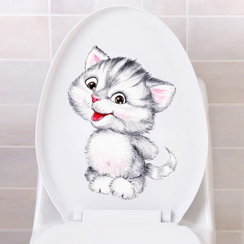 Stiker Toilet Motif Kartun Kucing Tahan Air Dengan Perekat Dapat Dilepas Untuk Dekorasi Kamar Mandi