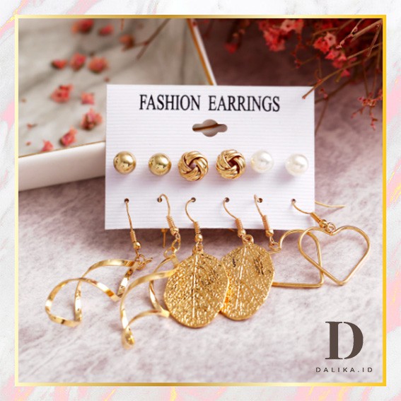 Anting Set Korea 6 Pasang Anting Tusuk Model Daun Geometri Hook dan Mutiara untuk Wanita