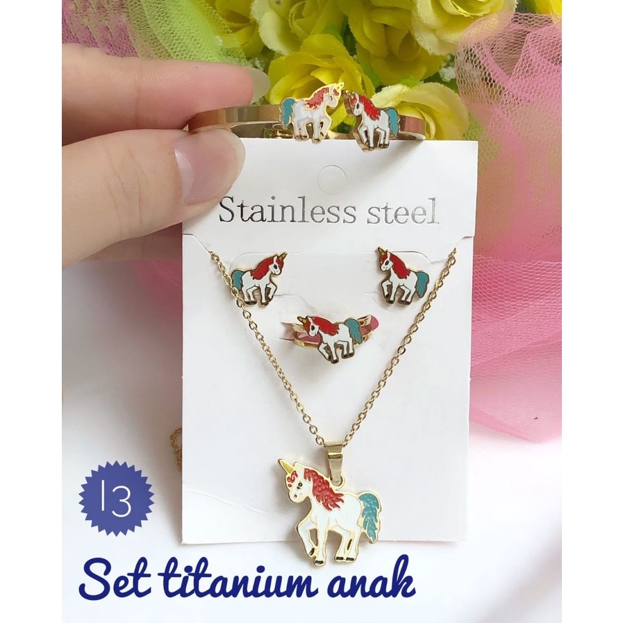 (FEB) Set Perhiasan ANAK Lapis Emas TITANIUM Kalung Gelang Anting Cincin Kuda Poni Unicorn Xuping Go
