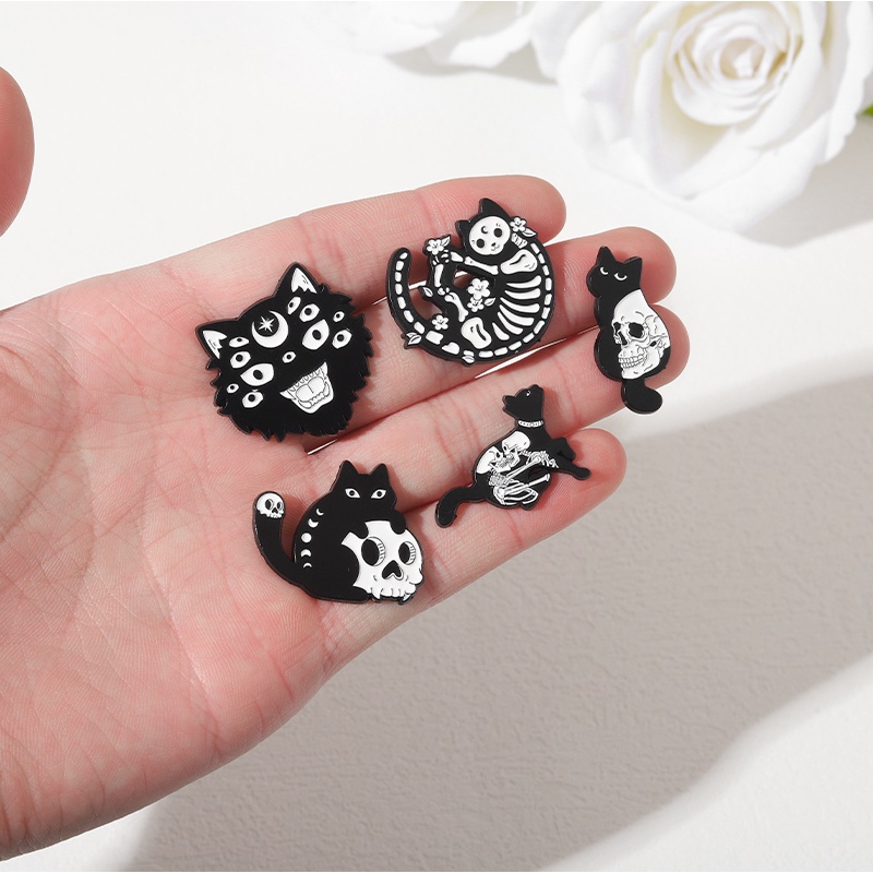 Bros Pin Enamel Bentuk Kucing Tengkorak 5 Gaya Gothic Punk Untuk Hadiah