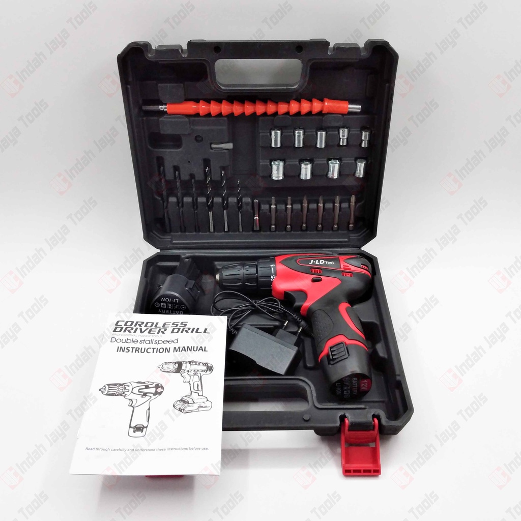 J.LD Cordless Drill Set 12V 29 Pcs Mesin Bor Baterai Charger Besi Kayu