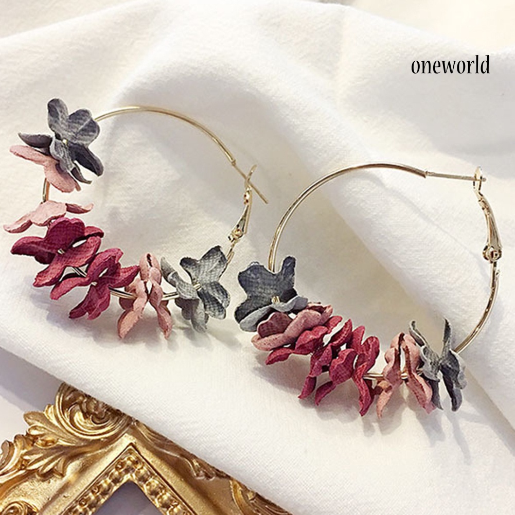 OW@ Women Fashion Metal Plated Dried Flower Round Hoop Earrings Party Jewelry Gift