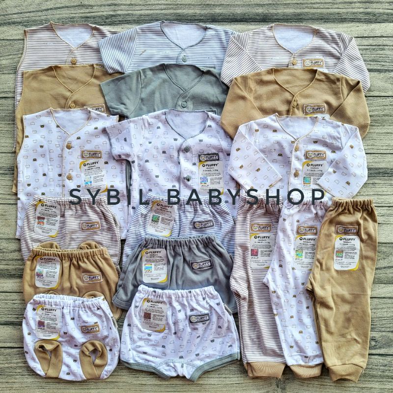 FLUFFY Paket Original Lengkap Baju Bayi (0-3 Bln) Perlengkapan Baru Lahir & Kado Bayi SNI-FLUFY KHAKIGrey NECI