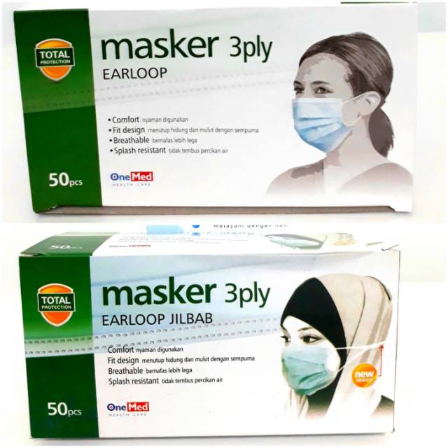 Masker 3ply Earloop Onemed 1 box isi 50 pc/ Masker Karet Onemed /Masker hijab onemed