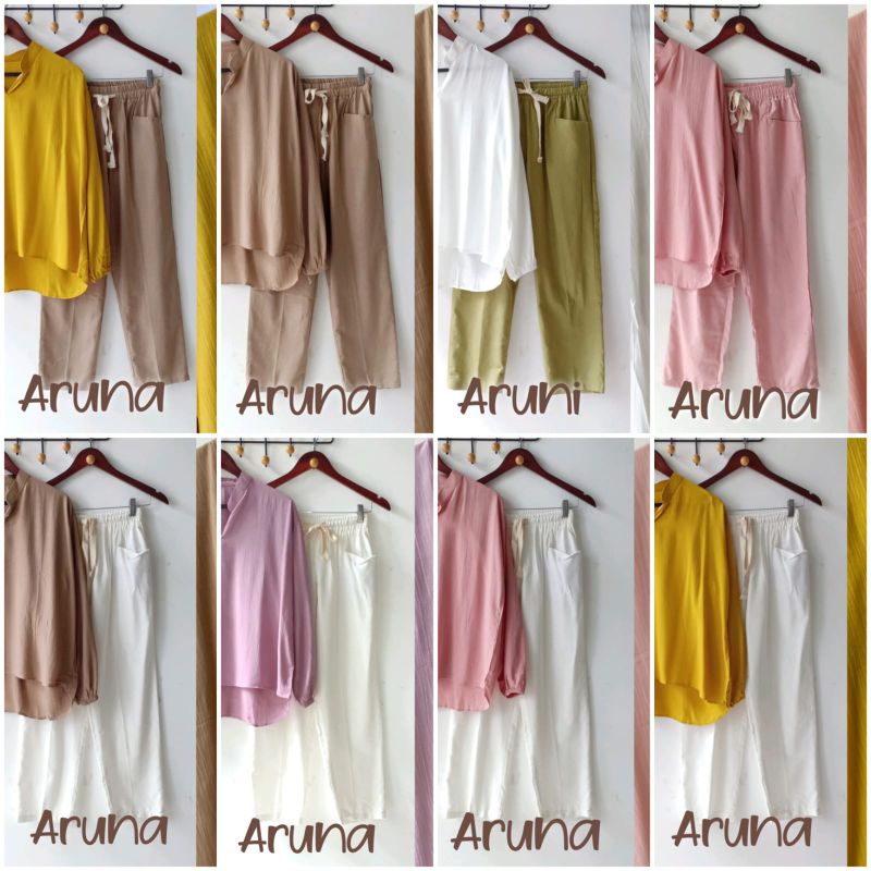 ARUNA PAKAIAN SETELAN ONESET BY QFA SHOP BAHAN TOP CRINCLE PANT KATUN