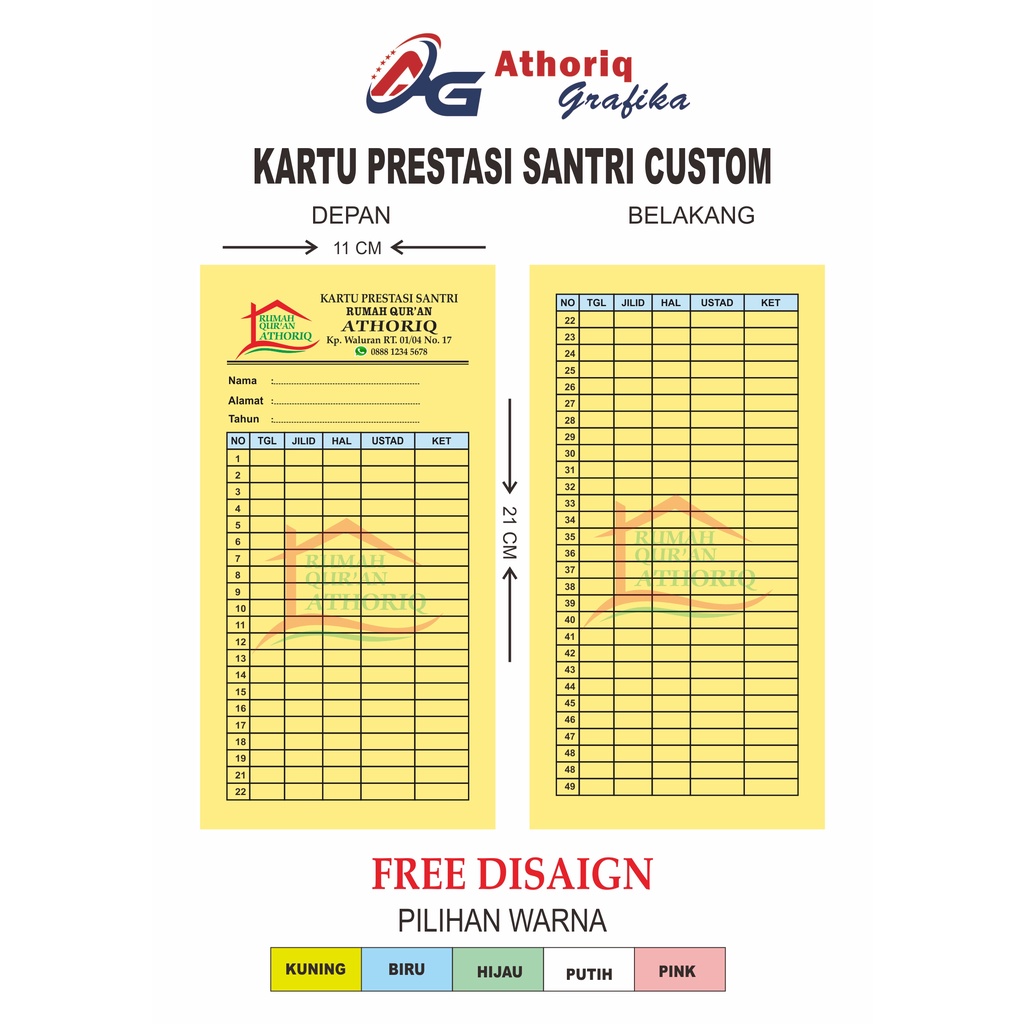

KARTU PRESTASI CUSTOM/KARTU KONTROL NGAJI/KARTU HAFALAN QUR`AN