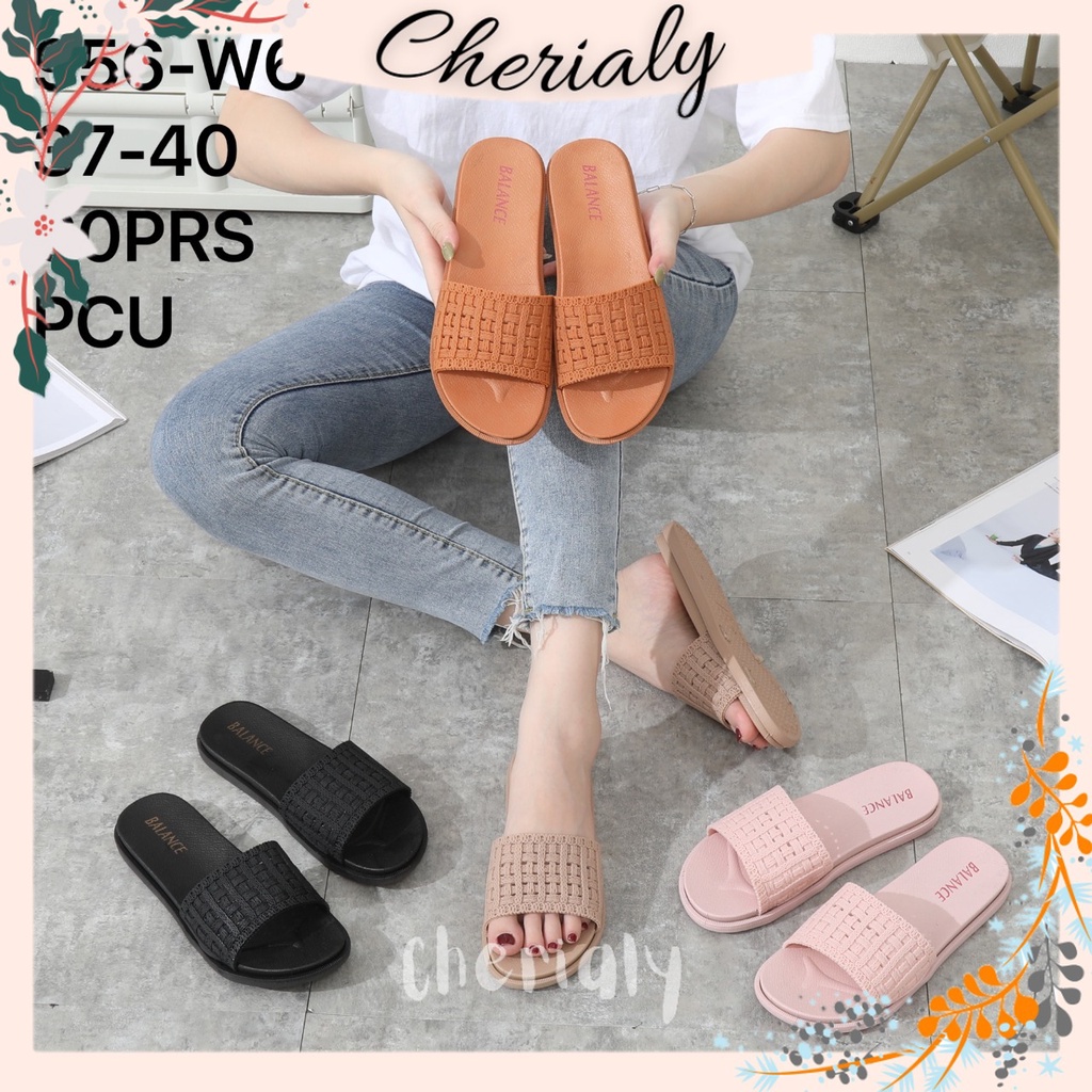 BALANCE Sandal Slop Wanita Import Karet Jelly Halus Empuk Elastis Non-Slip Motif Anyaman Polos 956-W6