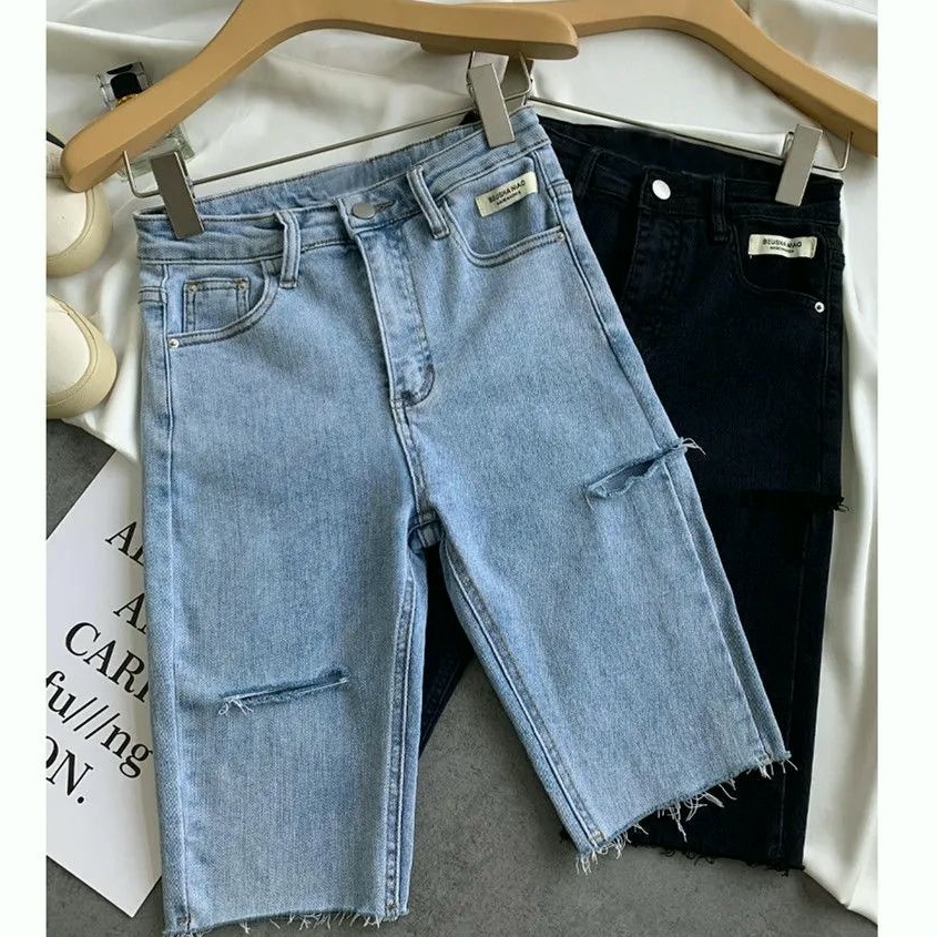 【Cewek_id】CELANA BIKER JEANS PENDEK WANITA  STRETCH SHORTS 3/4 SOBEK KOREAN STYLE RIPPED PANTS