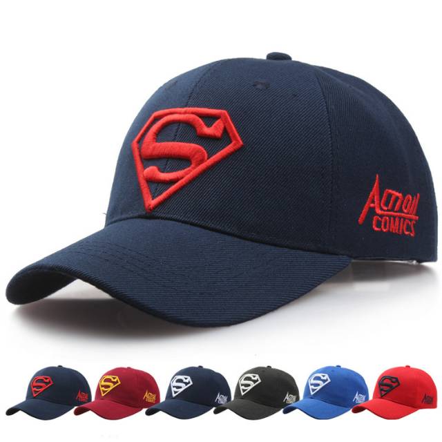 Topi Pria Baseball Stretch Adjustable Motif Bordir Superman Warna Navy Logo Warna Merah