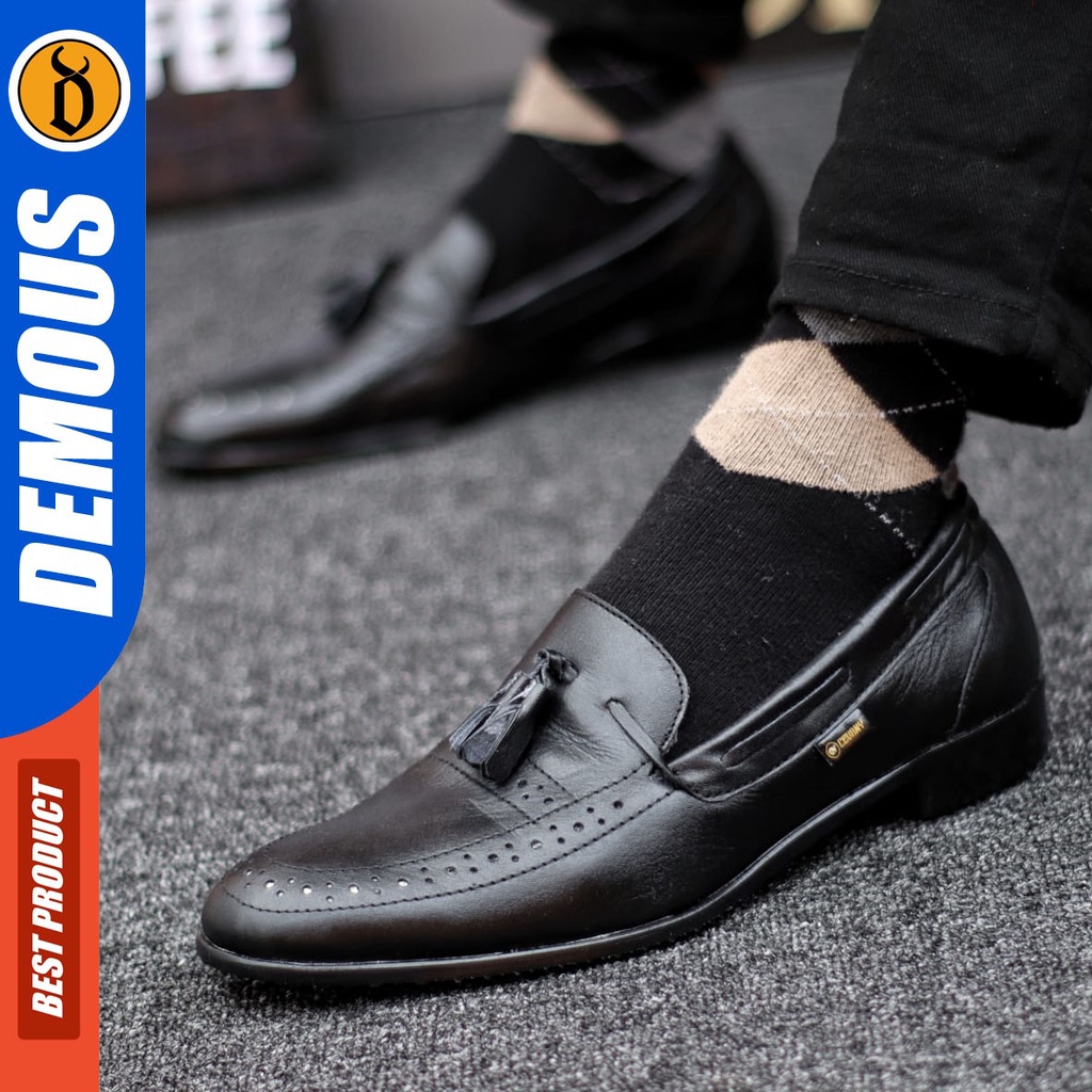 DEMOUS Veil - Sepatu Formal Pantofel Hitam Kulit Asli Kerja Pria