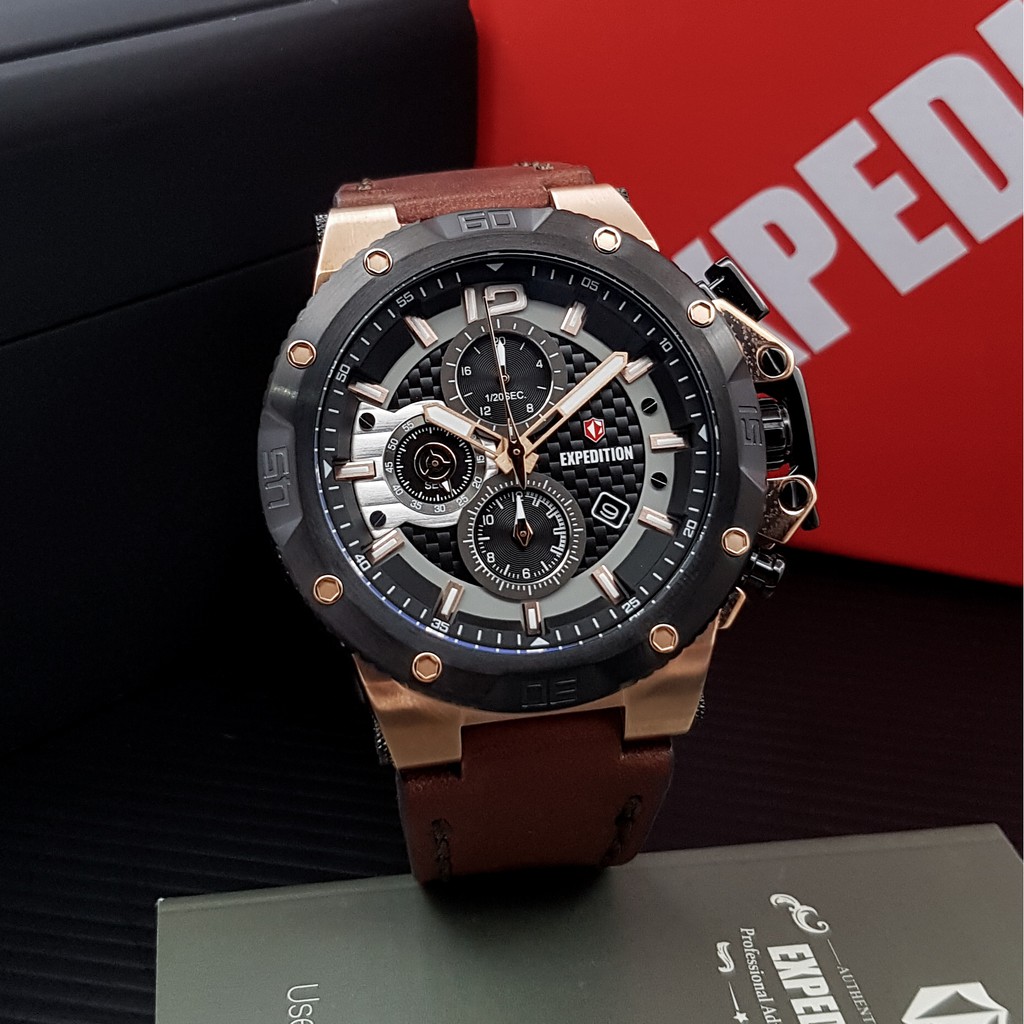 jam expedition 6751 pria - hitam rosegold tali coklat