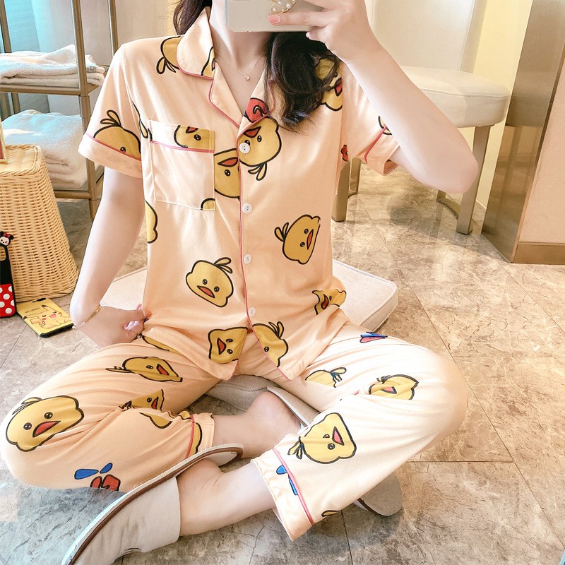 BAJU TIDUR PIYAMA SET KEMEJA CP LENGAN PENDEK CELANA PANJANG IMPORT PREMIUM BANYAK MOTIF-Little Yellow Duck