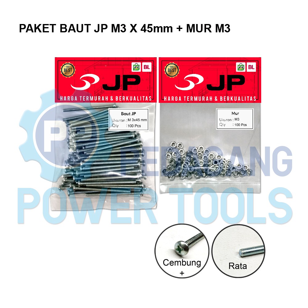 PAKET 2 SET BAUT MUR 3x45 BAUT JP M 3 x 45 MM MUR M3 SKRUP ISI 100 PCS