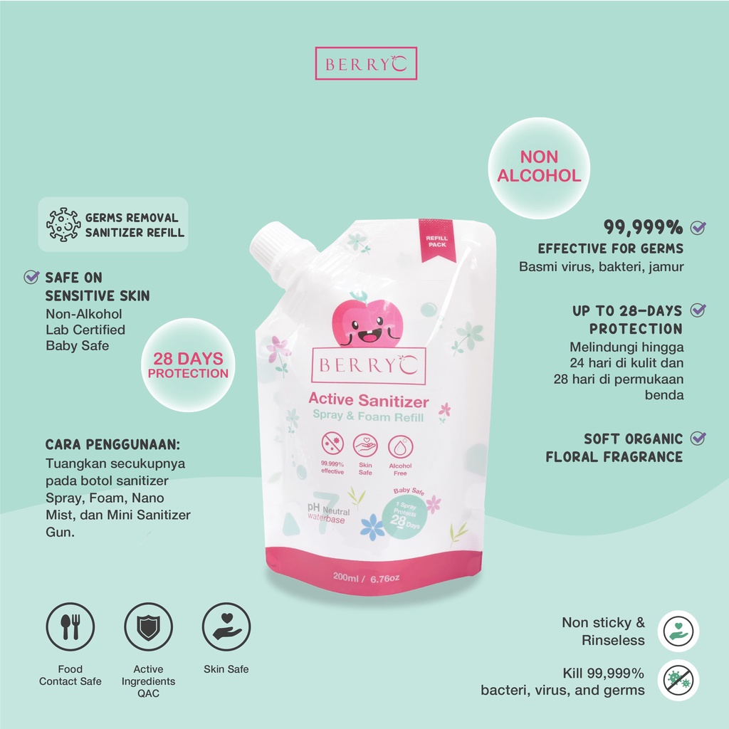 BerryC Active Sanitizer Refill Pouch 200ml Natural Food Grade Hand Antiseptik Non Alcohol Alkohol Aman untuk Bayi QAC Alat Makan Disinfectant Organik Sensitif Kulit Sensitive Eczema Foam Spray Cairan Isi Ulang Murah Halal Impor Malaysia HFMD COVID19 Harum