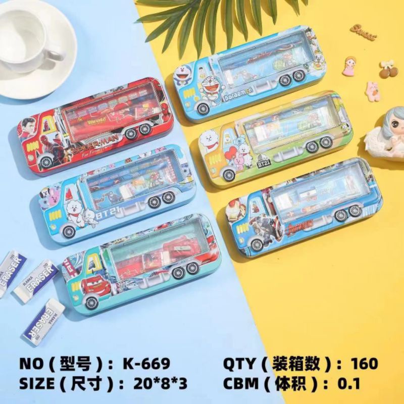 

PC kaleng study set/tempat pensil kaleng anak bus/K-669