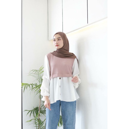 SHAHIA TOP (ld104 pjg 68) - Atasan Blouse Combi Wafer Tangan Balon