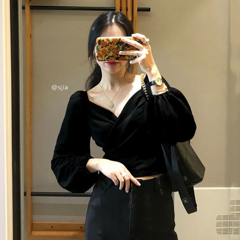 V-Neck Beludru Lipit Top Slim Fit Kemeja Vintage Korea