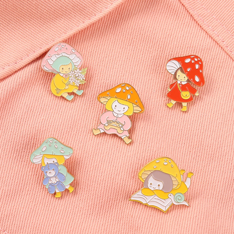 Mushroom Girl Enamel Pin Flower Book Bear Brooch Badges Clothes Lapel Pin Cap Bag Creative Fun Jewelry Gift For Child