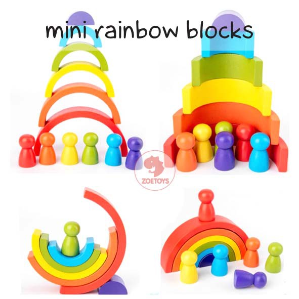 Zoetoys Montessori Mini Rainbow Blocks | Mainan Wooden Building Stacking with Pegdoll  Toy | Board Stack Balok Kayu Susun Pelangi Edukasi