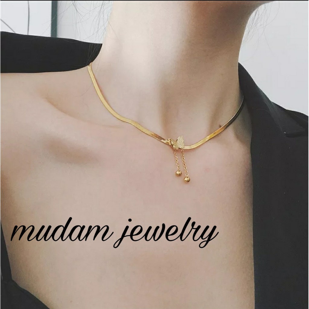 Kalung Rantai Belut Titanium Model Kupu - Kupu Rumbai Tersedia Warna Gold, Rose Gold dan Silver