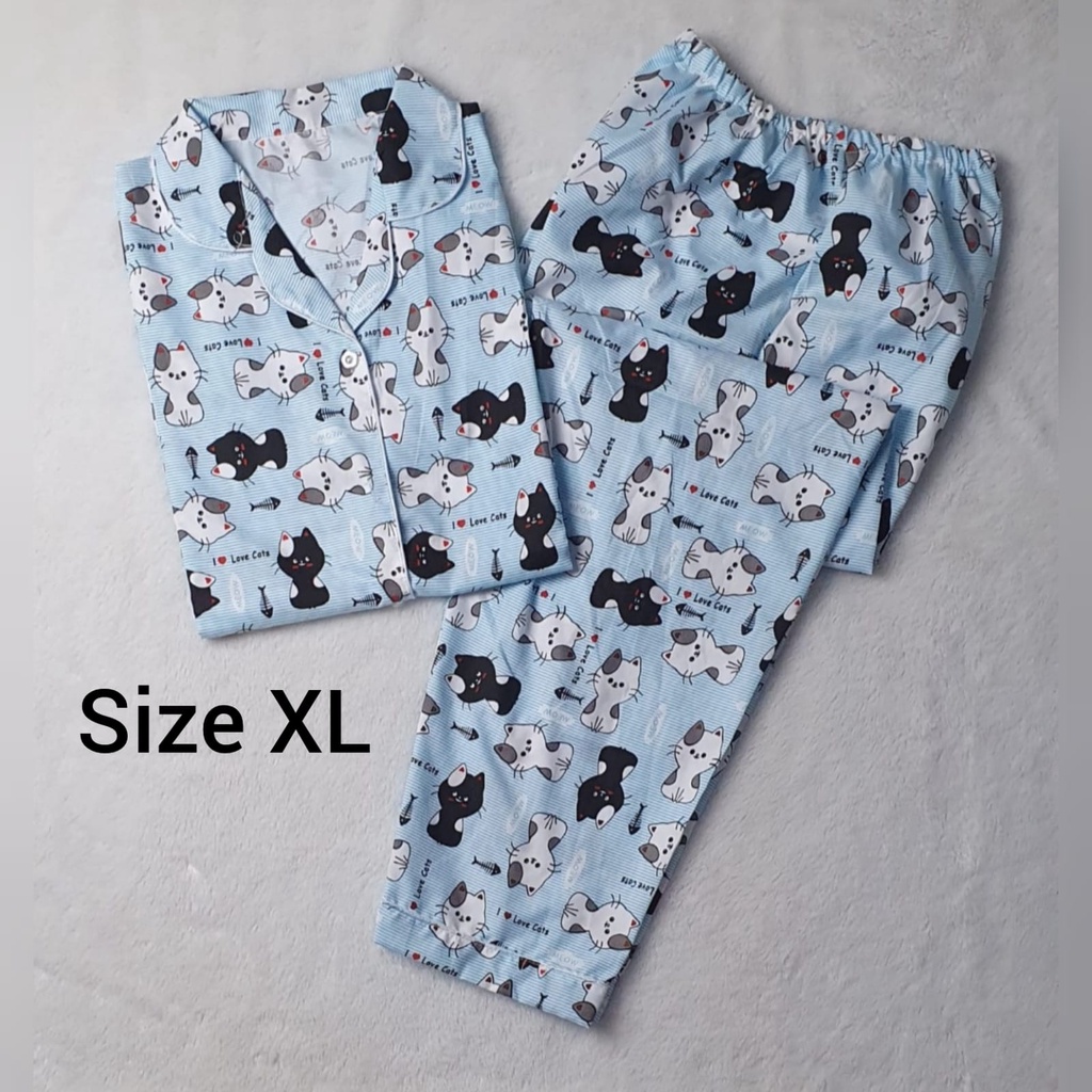 Baju Tidur Dewasa Gambar Lucu LD 104cm / Piyama Katun Lengan Pendek Celana Panjang CP-CP MINI CAT BIRU XL