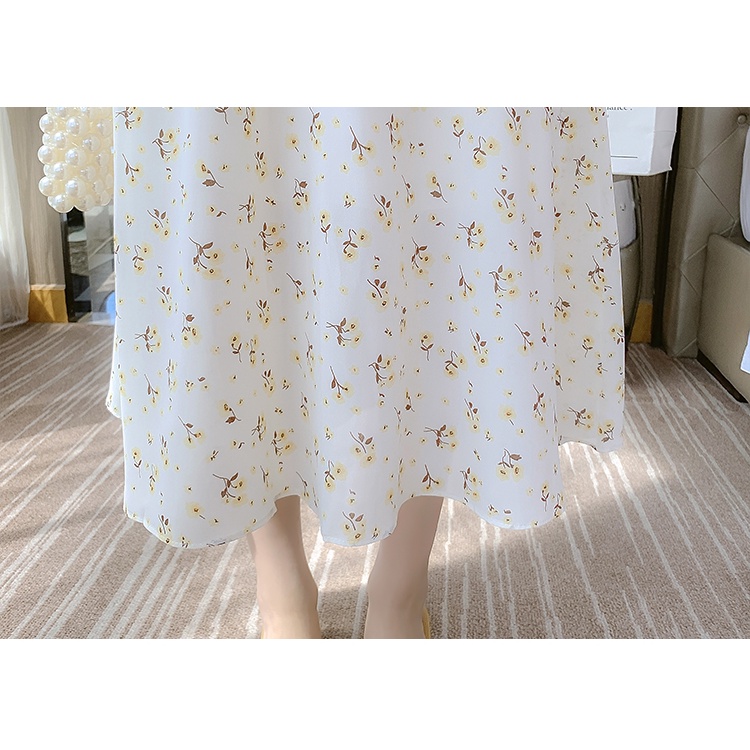 2022 New Fashion Korean Style Chiffon White Floral Print Casual Party Midi Dress Summer Short Sleeve Women Dresses Wanita Putih 2023t