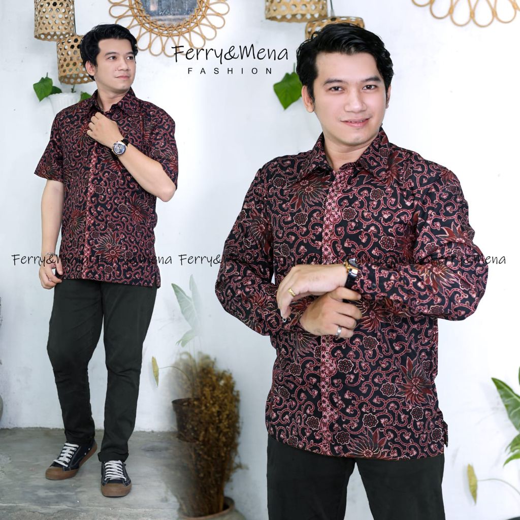 Kemeja batik panjang floral terbaru motif mega mendung abu