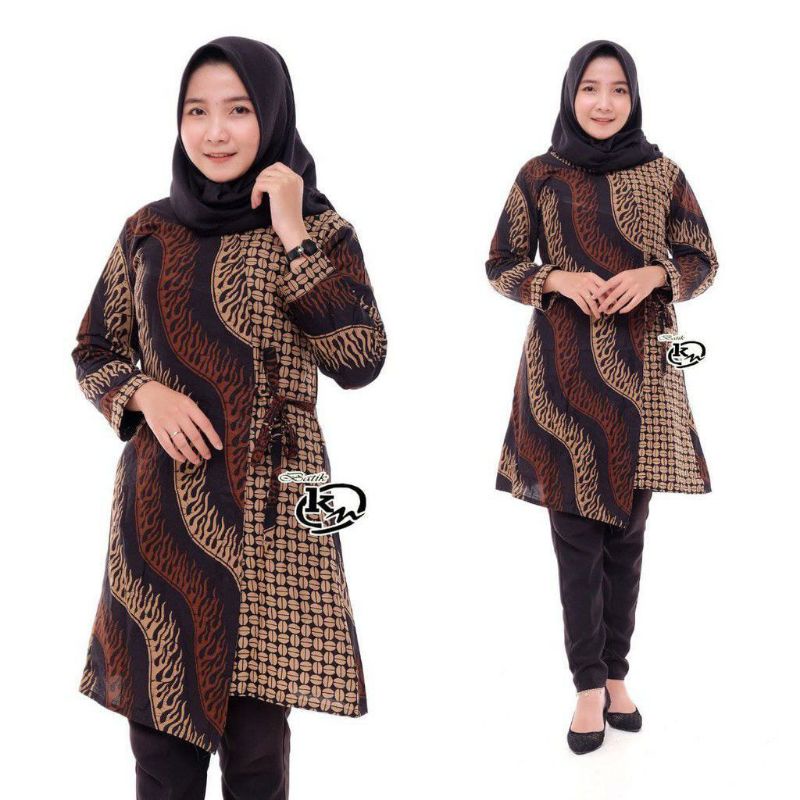 Tunik Batik Wanita Modern Terbaru JUMBO M L XL XXL Atasan Batik Wanita Seragam Murah-Coklatan ombak
