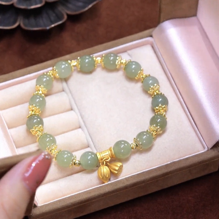 Gelang Emas Asli Kadar 375 Tangan Batu Jade Asli Alami Untuk Wanita B-22044