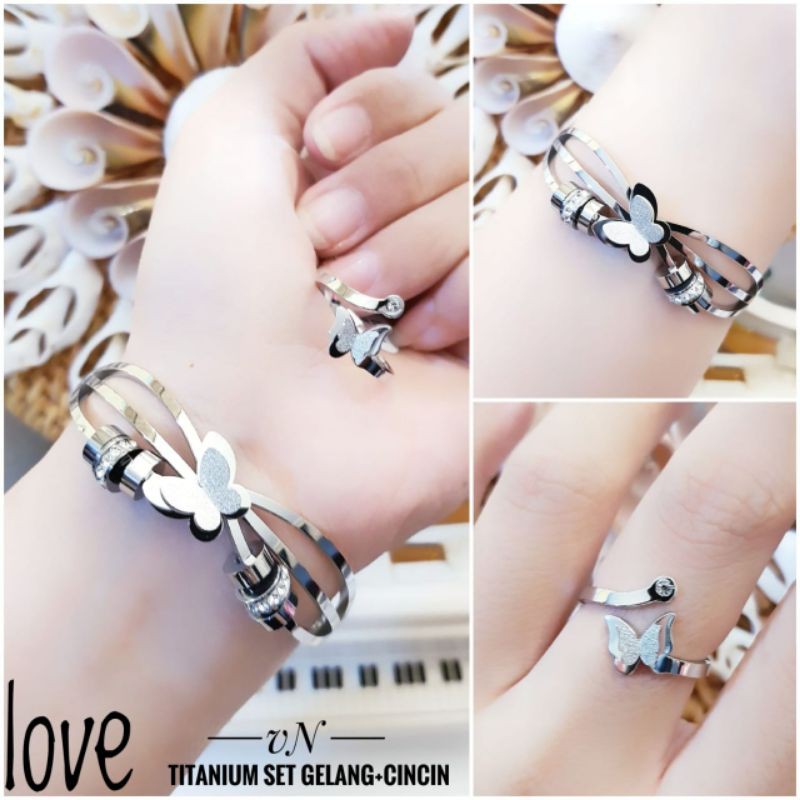 (SEP) PROMO TERMURAH Set Perhiasan TITANIUM Anti Karat Gelang Cincin Kupu Butterfly Silver Xuping