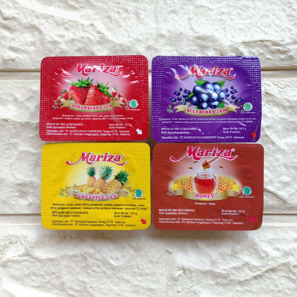 

Mariza Strawberry Blueberry Pineapple Jam Sachet 14.2gr Selai Stroberi Nanas Portion Pack 14.2 gr