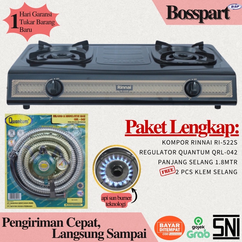 Paket Kompor Gas Rinnai 2 Tungku RI-522S bonus selang regulator Quantum