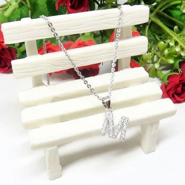 JBCKL060 PERHIASAN KALUNG & LIONTIN HURUF ABJAD INISIAL M PERAK SILVER LAPIS EMAS PUTIH ASLI