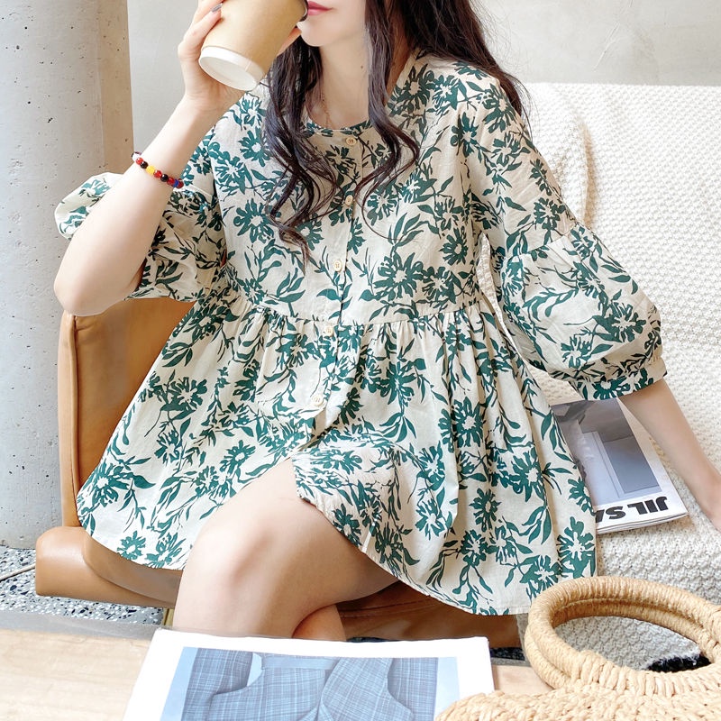 i.looks - Loose Blouse Wanita Lengan Lentera Longgar Blouse Katun