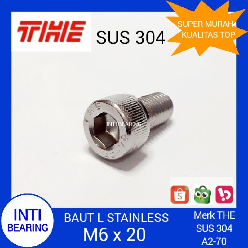 BAUT L STAINLESS M6x20 MERK THE M6 x 20 SS SUS 304 HEX SOCKET HEAD CAP SCREW KUNCI L 5 L5 PITCH 1 HI