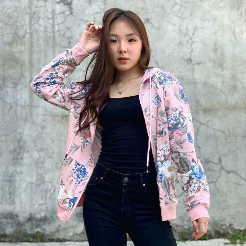 JAKET BUNGA ABU - KAOS IMPOR PREMIUM - FASHION KOREA - JOGGING - FIT S TO XL - TIPPIT TIP (BISA COD)-Pink