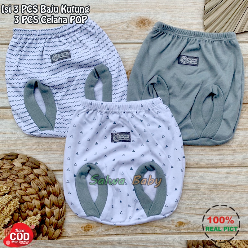 Bahan Katun TC 6 PCS Baju Bayi Lengan Kutung Celana POP Bayi Celana Kacamata Bayi Baru Lahir Serian Abu Kualitas Premium