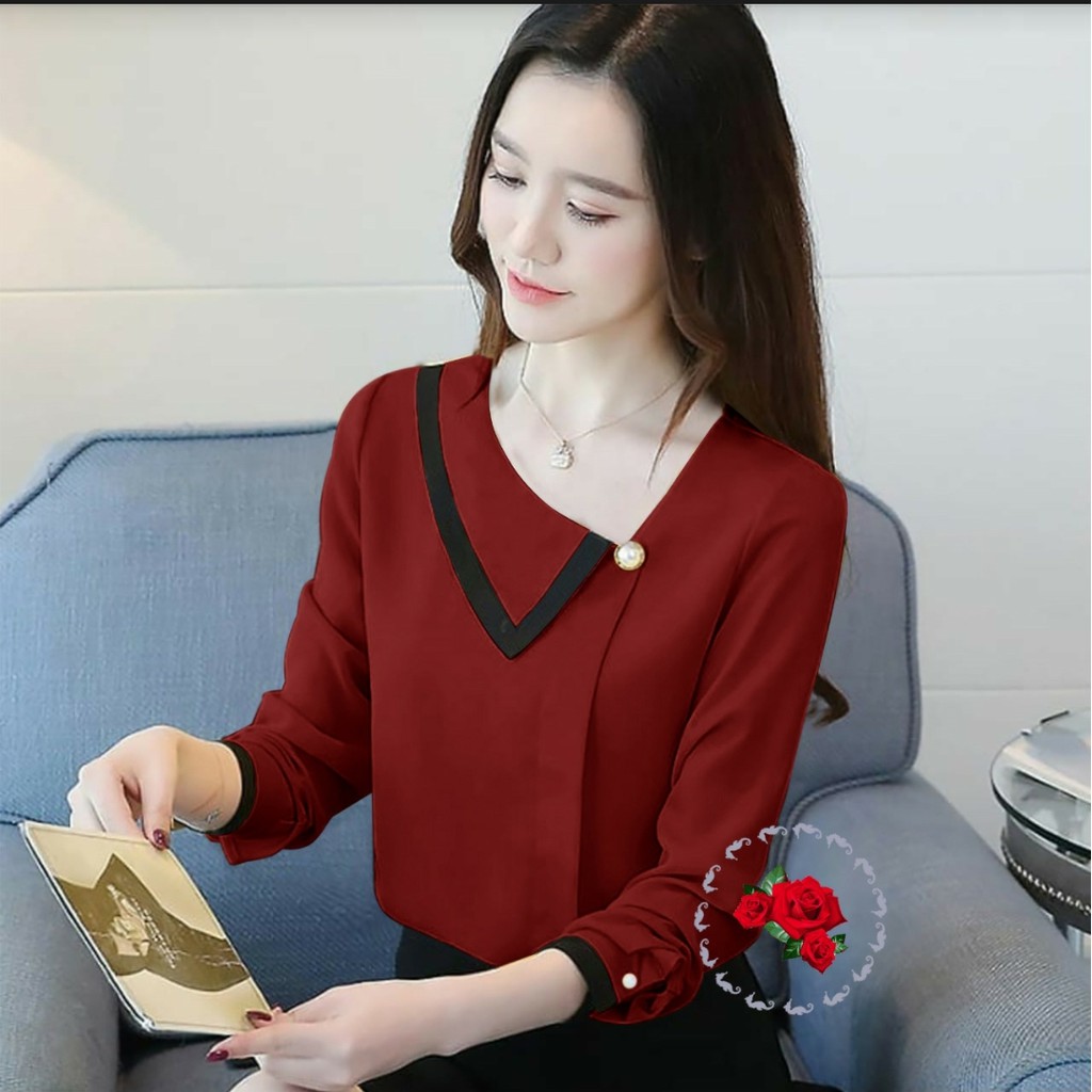 *[IJFK] Atasan Korea lengan Panjang Lis Kancing / Atasan Blouse Wanita / Blouse Murah / Blouse Mewah