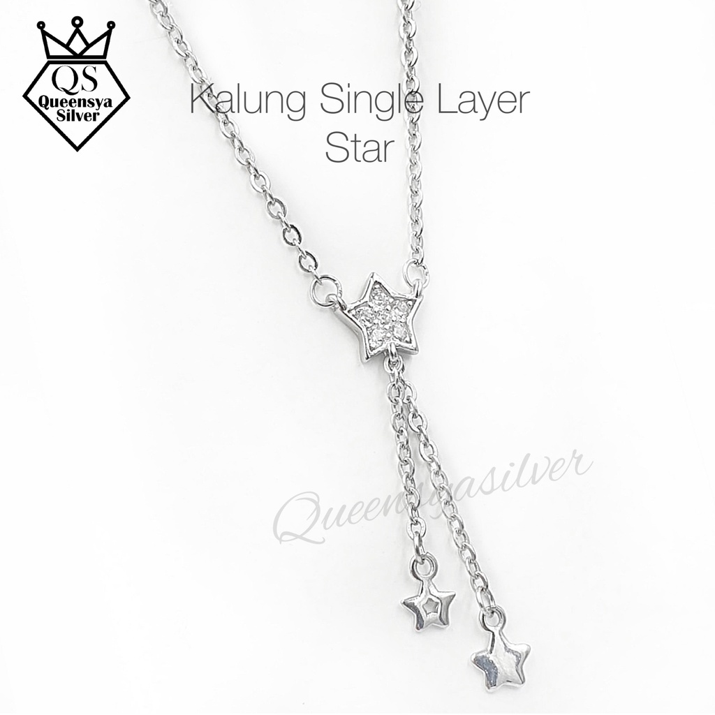 Kalung Perak Single Layer STAR Asli Silver 925 || Model DOUBLE STAR || Lapis Emas Putih || Queensya Silver