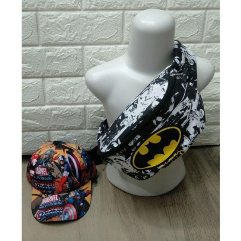 Waistbag anak laki-laki canvas karakter superhero gratis topi - tas anak