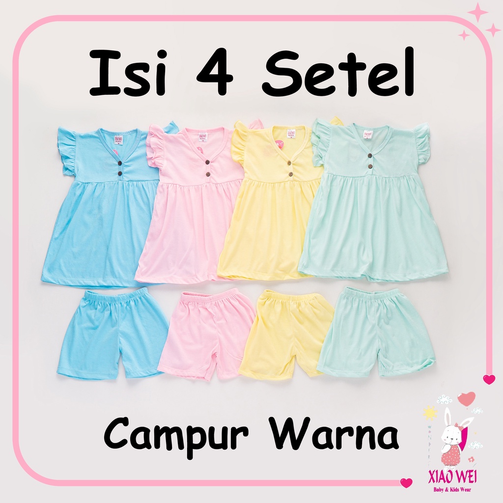 (ISI 4 SETEL) Dress Ruffle Set Kancing Anak Perempuan/ Setelan Anak - Anak / Setelan Bayi Permepuan 0 - 4 Tahun