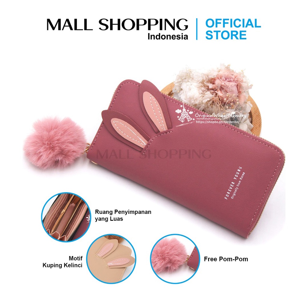 Dompet Panjang Wanita Free Pom-Pom Motif Kuping Kelinci Mallshop