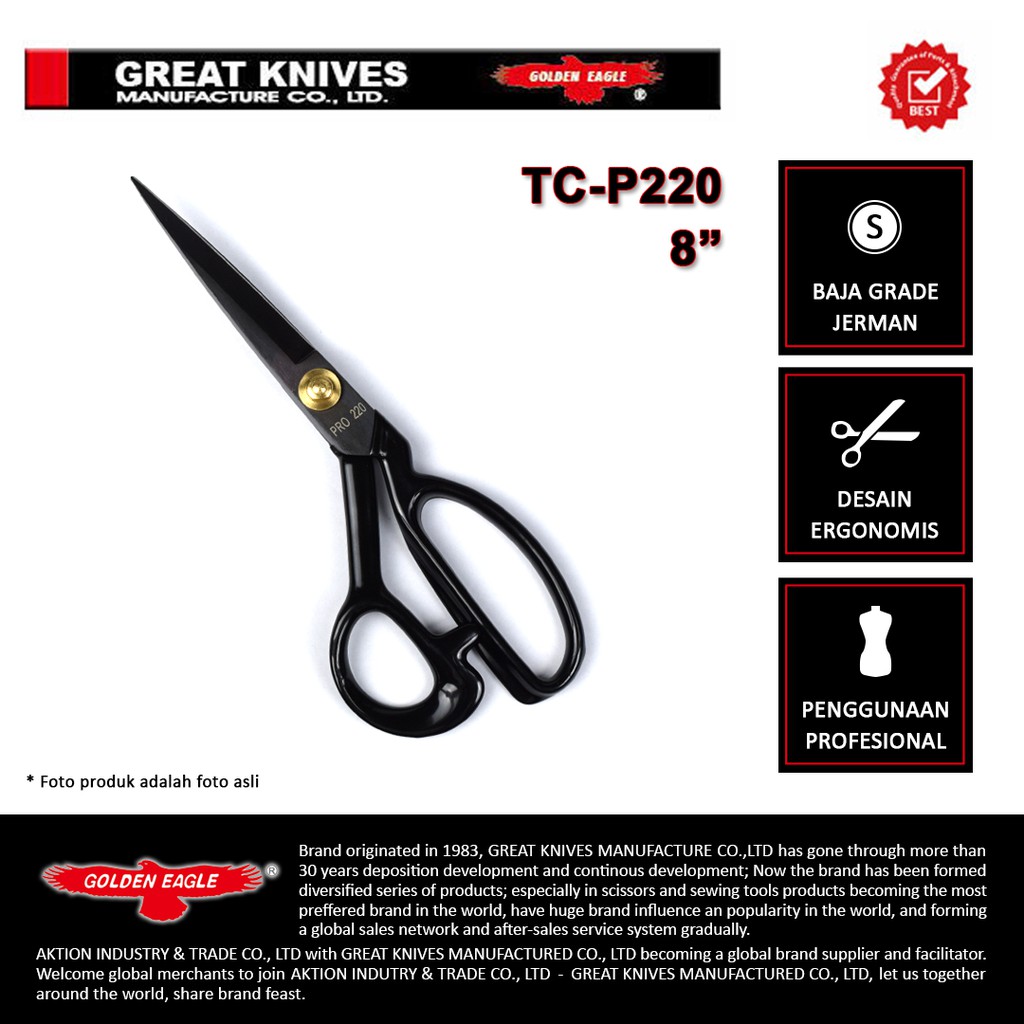 Gunting Potong Bahan Kain Golden Eagle 8 inch TC-P220 - Tailor Scissor