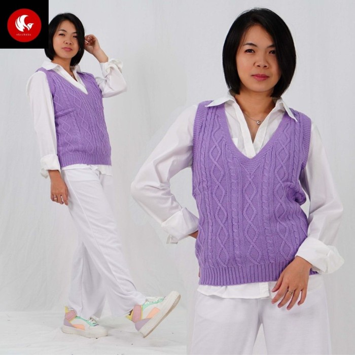 jaket wanita Okechuku SIDO CABLE Vest Rajut Wanita Knit Outer Fashion Wanita Korea - Lilac jeans kek