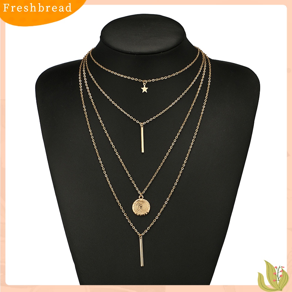 Terlaris Fashion Women Beach Jewelry Multi-layer Chain Star Bar Round Pendant Necklace