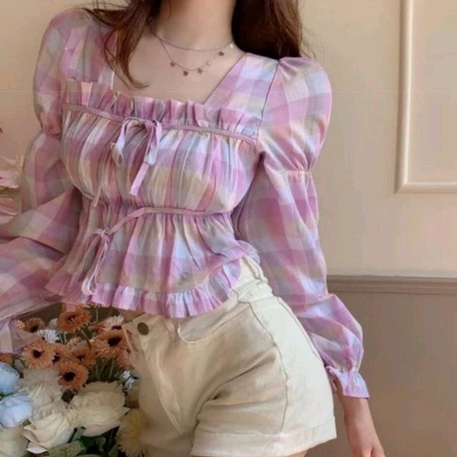 7392  Baju atasan blouse serut cropped crop top lengan panjang kerah kotak Korean style wanita impor