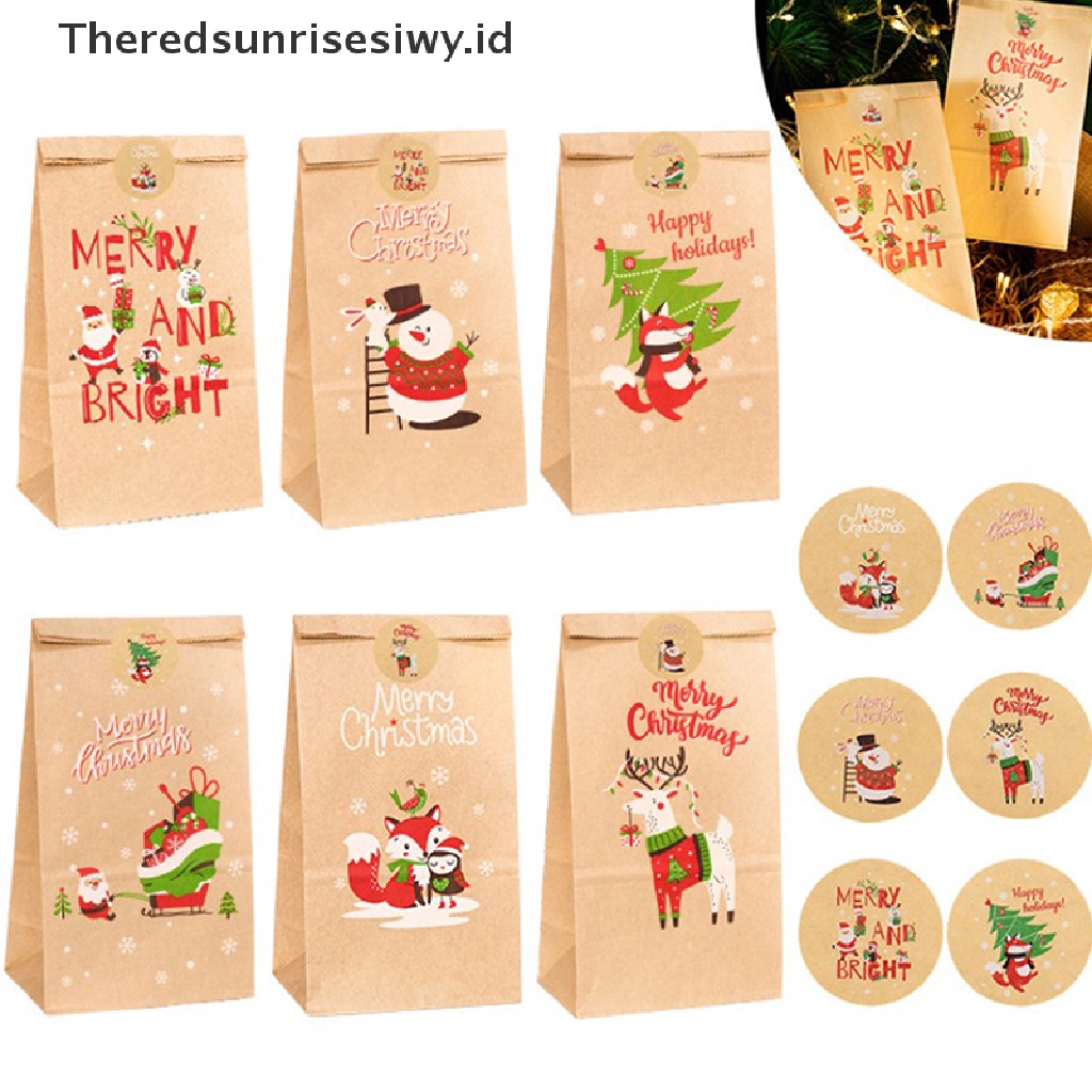 # Alat Rumah Tangga # 24pcs Kantong Permen Desain Santa Snowman Bahan Kertas Kraft Dengan 24pcs Label